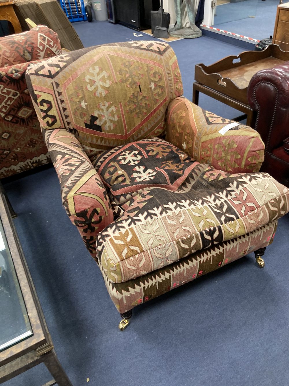 A pair of George Smith kelim upholstered club armchairs, width 80cm depth 110cm height 82cm